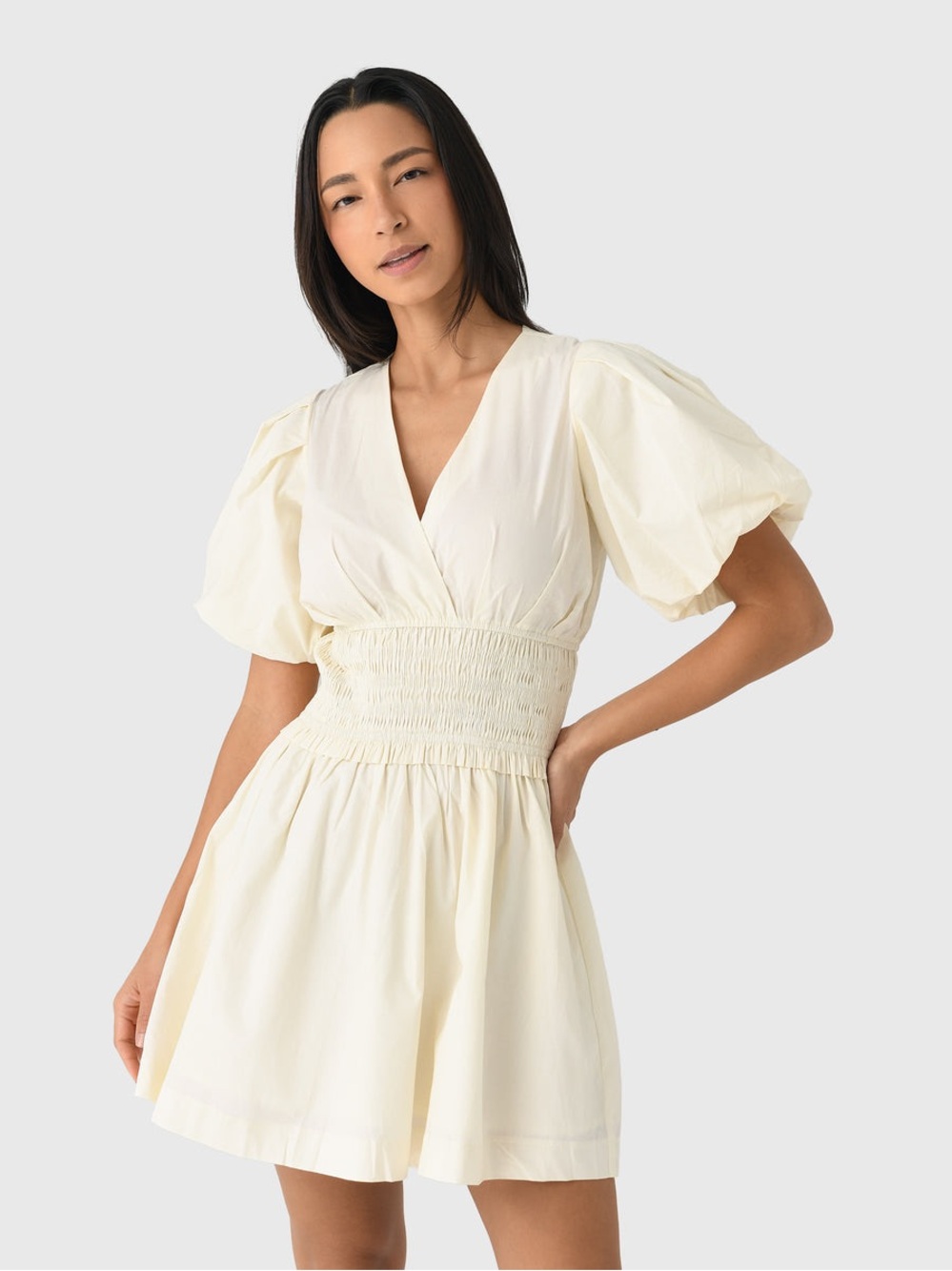 Smocked-Waist Cream Puff-Sleeve Mini Dress